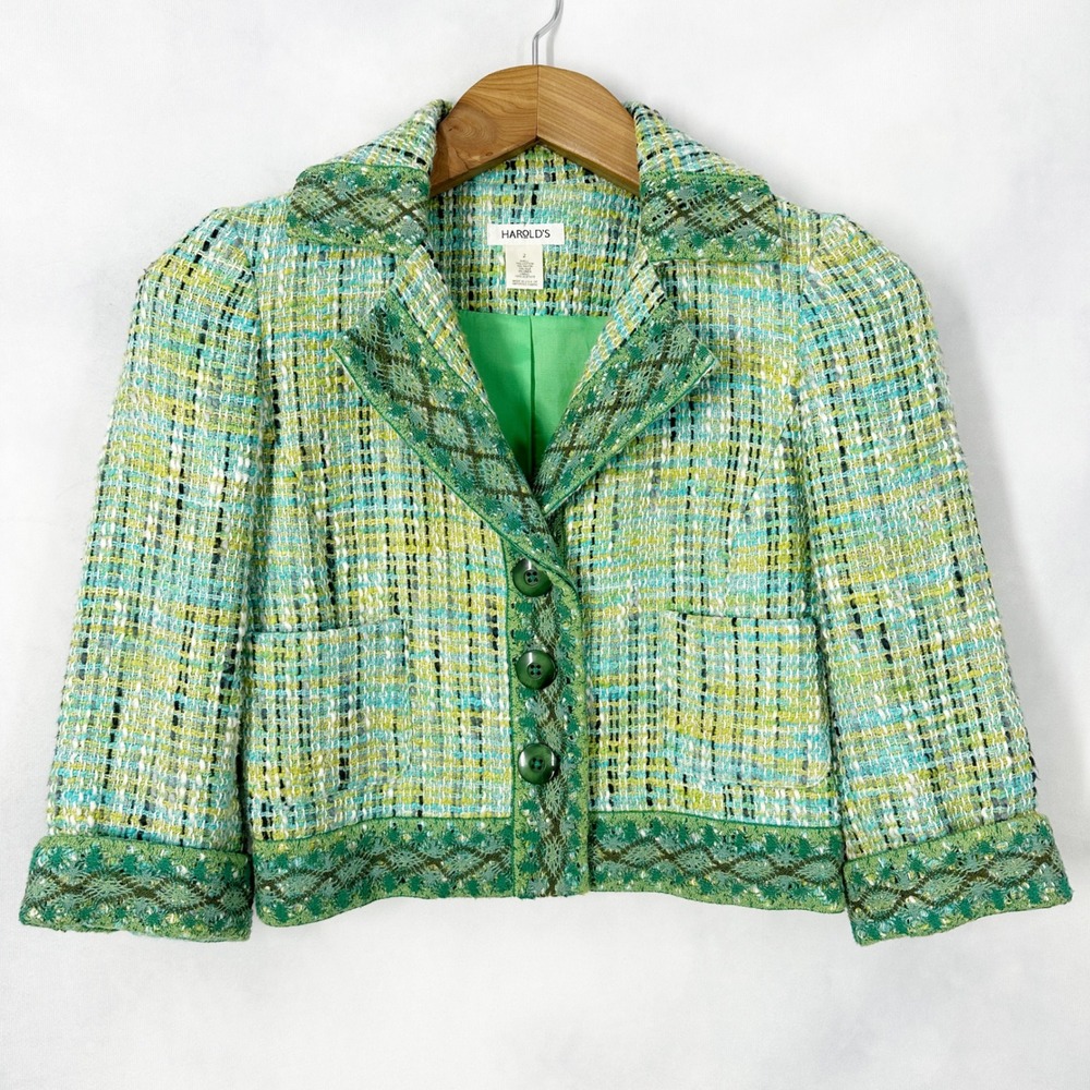 Harold's‎ Boho Cotton Silk Linen 3/4 Sleeve Plaid Green Cropped Jacket Size 2